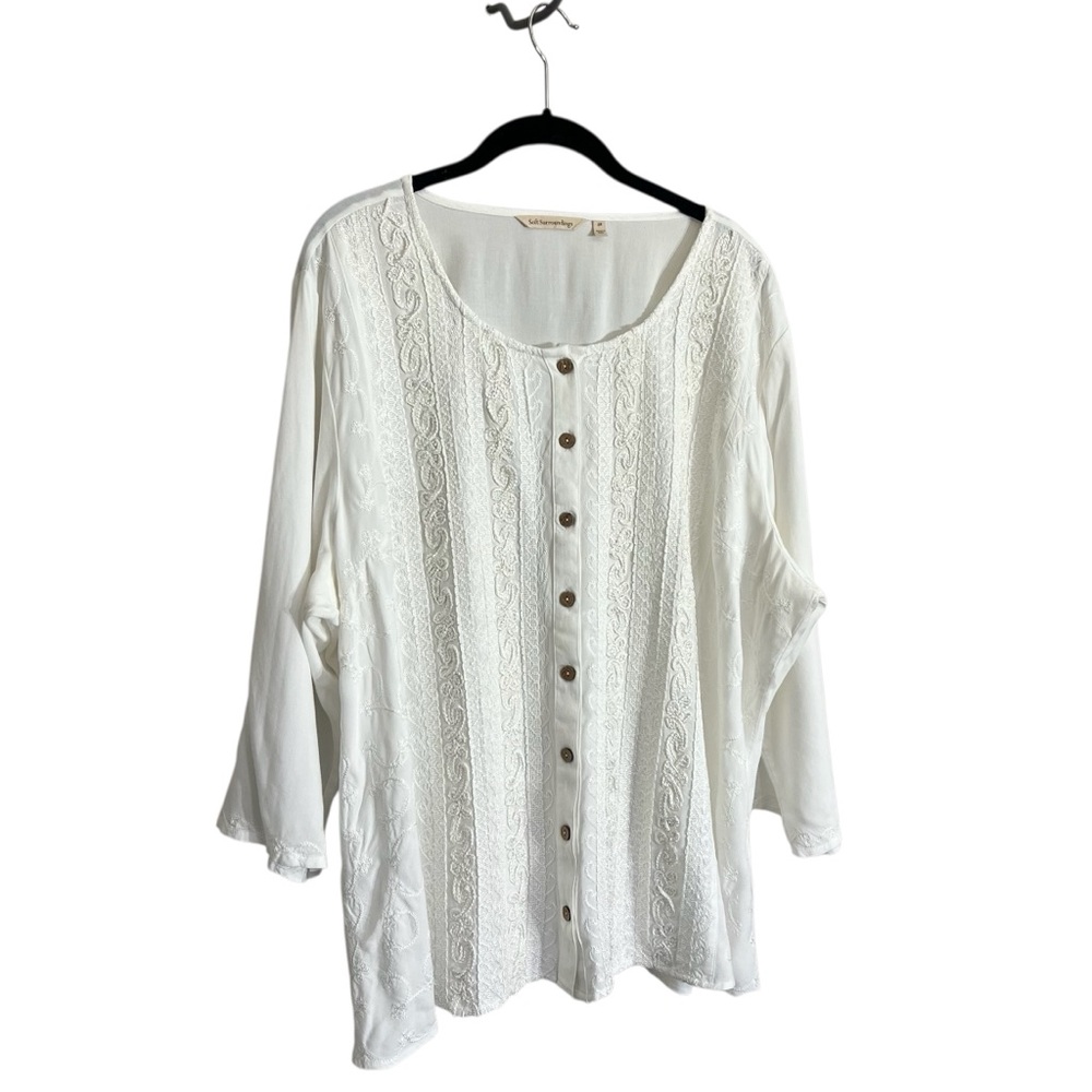 Soft Surroundings white embroidered button tunic top 2x tie back boho romantic